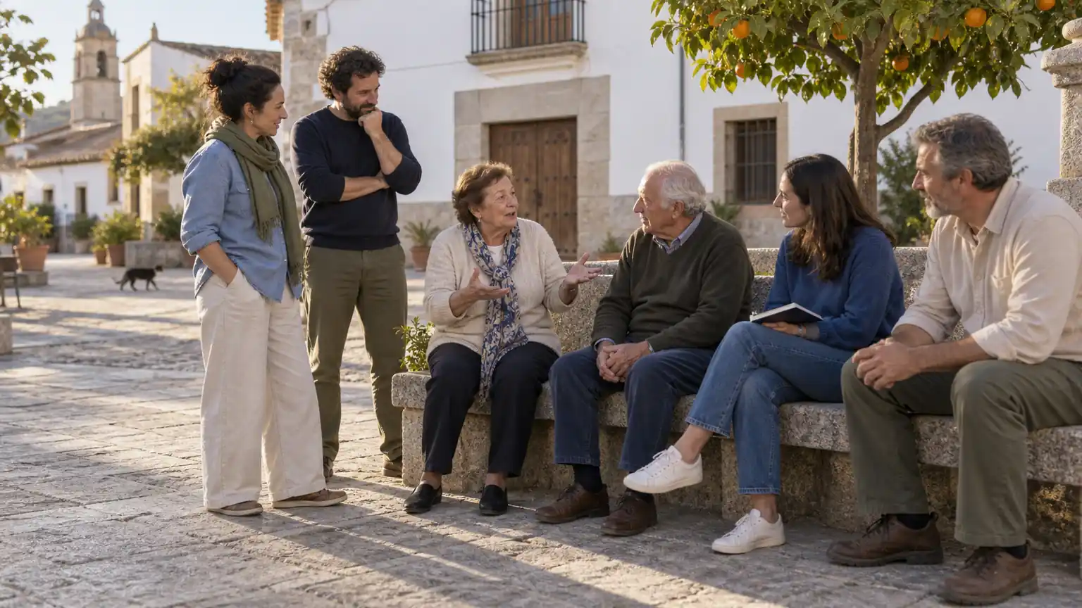 Recreación editorial: una mujer mayor comparte sus ideas con vecinas y vecinos de distintas generaciones en una plaza