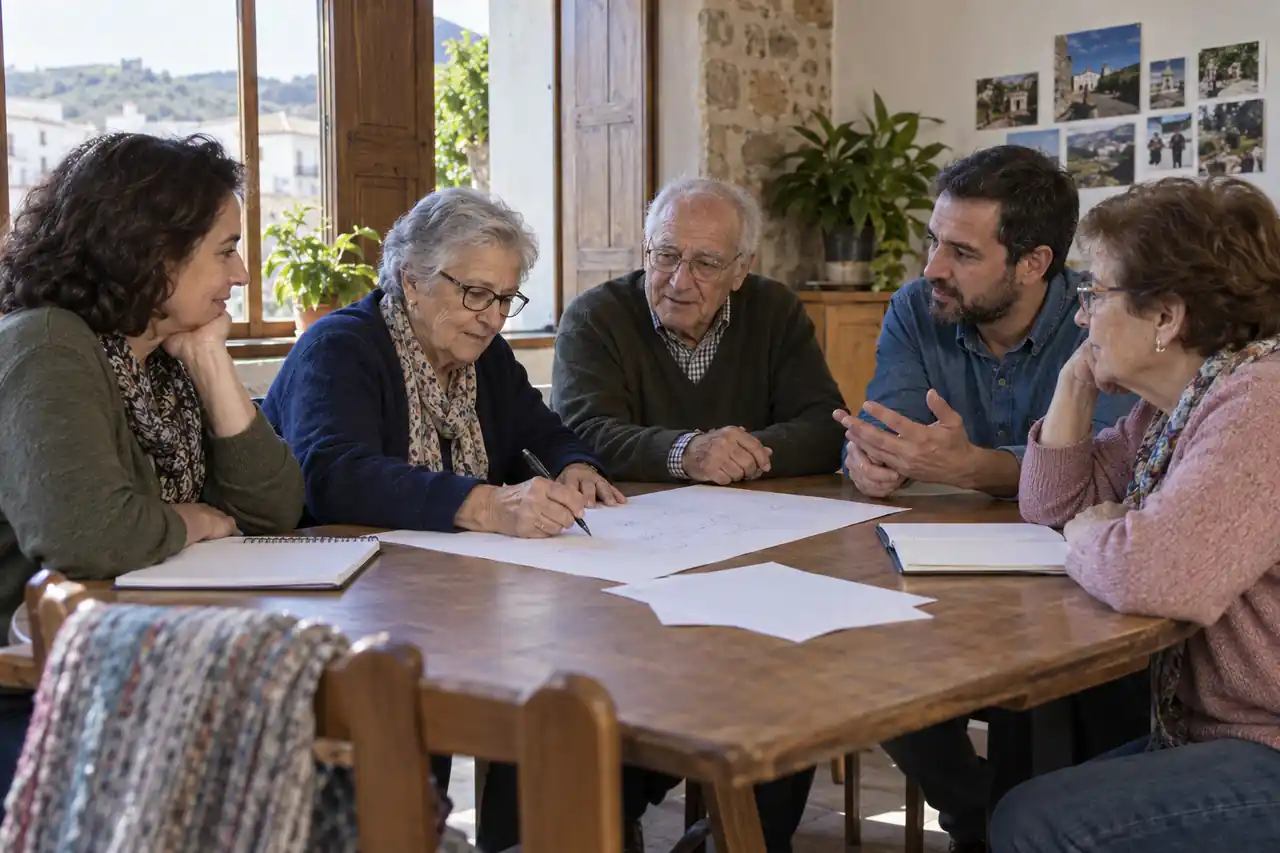 Recreación editorial: una mujer mayor anota propuestas durante una reunión comunitaria, con todas las personas participando en las decisiones