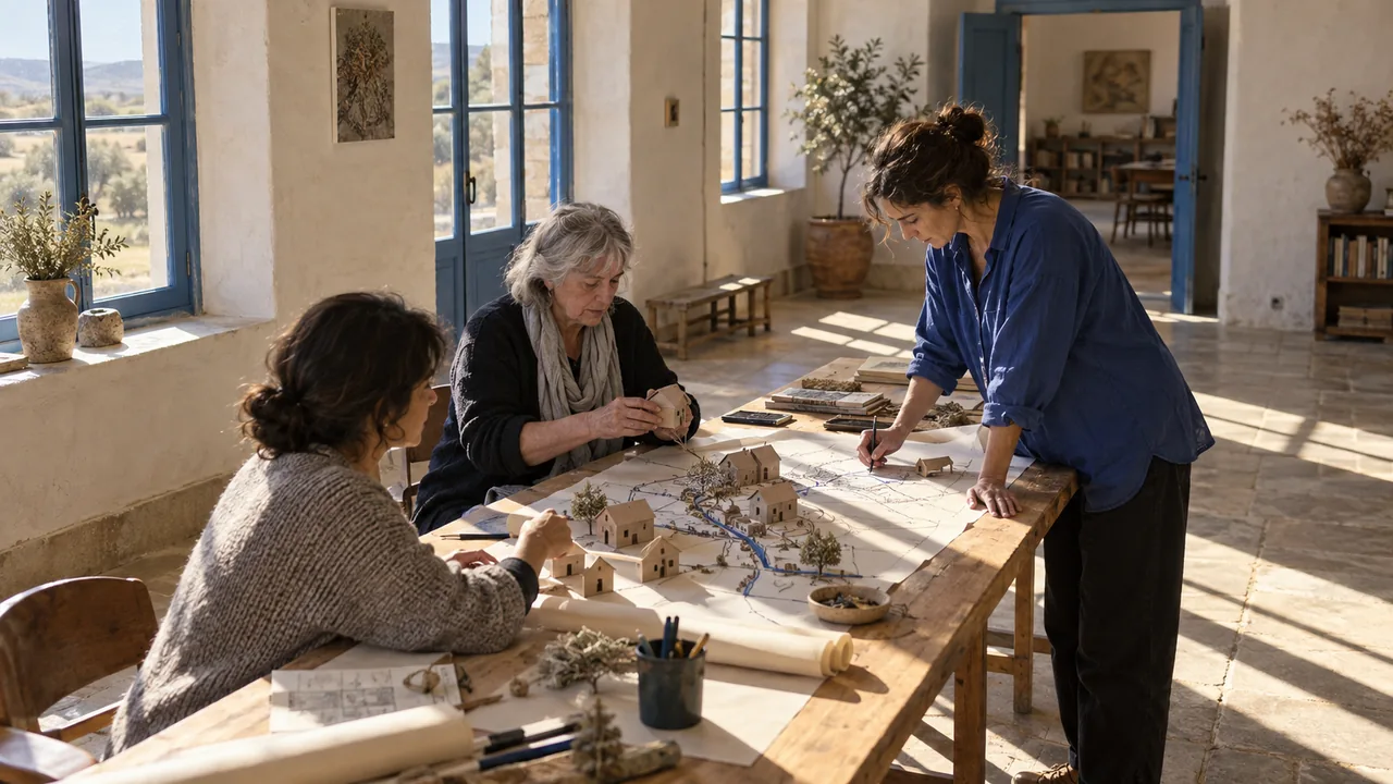 Escena ilustrativa: tres mujeres trabajan sobre una maqueta y un mapa comunitario en un espacio rural de aprendizaje.