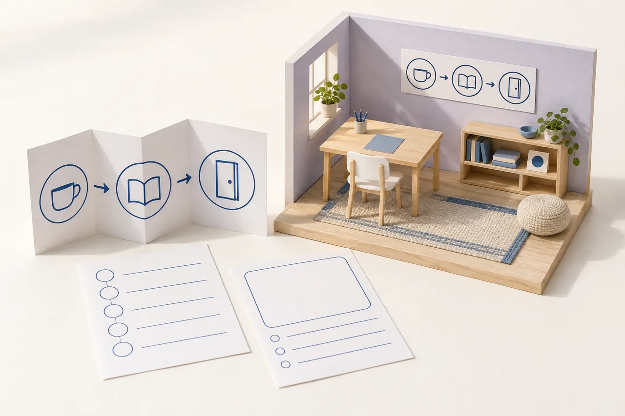 Ilustración conceptual de un entorno organizado con apoyos visuales para la vida cotidiana.