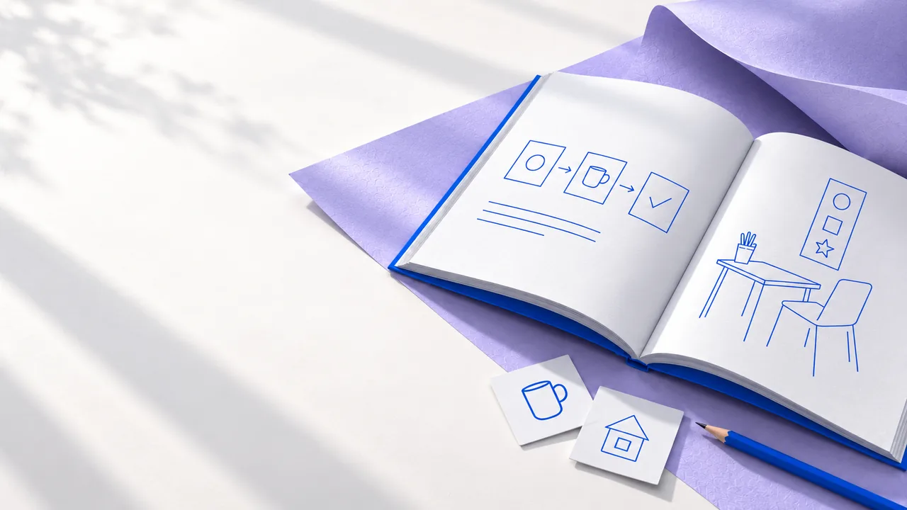 Libro abierto y apoyos visuales sobre papel blanco y lavanda. Escena editorial ilustrativa.